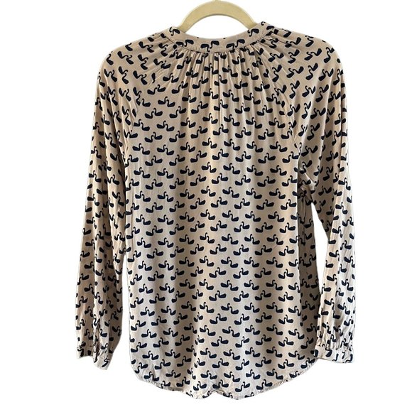 Boden Paris Cream Blue Swan Long Sleeve Crew Neck Button Down Top Blouse 4 - Picture 7 of 8
